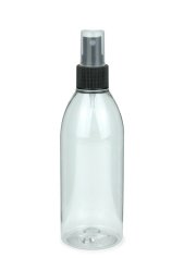 250 ml R-PET-Flasche transparent, Ø 54,5 mm, Sprühzerstäuber schwarz, geriffelt