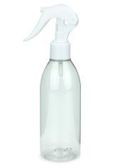 250 ml R-PET-Flasche transparent, Ø 54,5 mm, Mini-Trigger-Sprühzerstäuber weiß, glatt