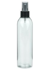 250 ml R-PET-Flasche transparent, Ø 49 mm, Sprühzerstäuber schwarz, geriffelt