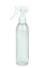 250 ml R-PET-Flasche transparent, Ø 49 mm, Mini-Trigger-Sprühzerstäuber weiß