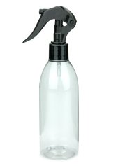 250 ml PET-Flasche transparent, Ø 54,5 mm, Mini-Trigger-Sprühzerstäuber schwarz, glatt