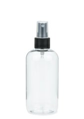 250 ml PET-Flasche transparent, Ø 58 mm, Sprühzerstäuber schwarz, geriffelt