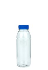 330 ml R-PET-Smoothie-Flasche transparent, Ø 57,6 mm, Verschluss blau