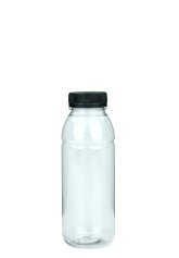 330 ml R-PET-Smoothie-Flasche transparent, Ø 57,6 mm, Verschluss schwarz