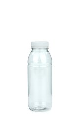 330 ml R-PET-Smoothie-Flasche transparent, Ø 57,6 mm, Verschluss weiß