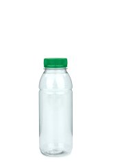 330 ml R-PET-Smoothie-Flasche transparent, Ø 57,6 mm, Verschluss grün