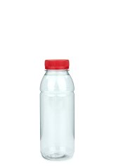 330 ml R-PET-Smoothie-Flasche transparent, Ø 57,6 mm, Verschluss rot