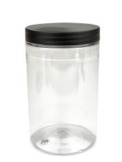 400 ml PET-Cylindrical Zylinderdose klar (70/400) – Deckel schwarz, matt, EPE-Einlage