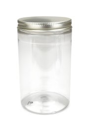 400 ml PET-Cylindrical Zylinderdose klar (70/400) – Alu-Deckel silber, glänzend, EPE-Einlage