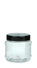 400 ml PET-Weithalstiegel 82 klar, achteckig (82 RTS) – Deckel schwarz, glänzend, Dichtkonus