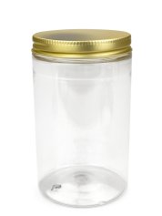 400 ml R-PET-Cylindrical Zylinderdose klar (70/400) – Alu-Deckel gold, matt, EPE-Einlage