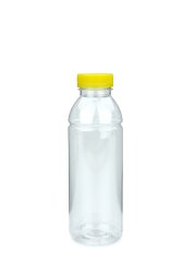 500 ml R-PET-Smoothie-Flasche transparent, Ø 65,0 mm, Verschluss gelb