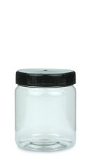 500 ml PET-Weithalstiegel 82 klar, rund (82 RTS) – Deckel schwarz, glänzend, Dichtkonus