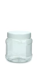 500 ml PET-Weithalstiegel 82 klar, achteckig (82 RTS) – Deckel weiß, glänzend, Dichtkonus