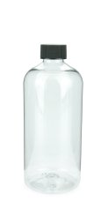 500 ml R-PET-Flasche transparent, Ø 70,0 mm, Schraubverschluss mit Dichtkonus schwarz