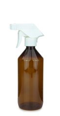 500 ml PET-Flasche braun, Ø 69,5 mm, Trigger-Sprühpistole, Einzelmodus weiß, geriffelt