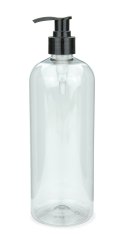 750 ml R-PET-Flasche transparent, Ø 76,0 mm, Seifenpumpe schwarz